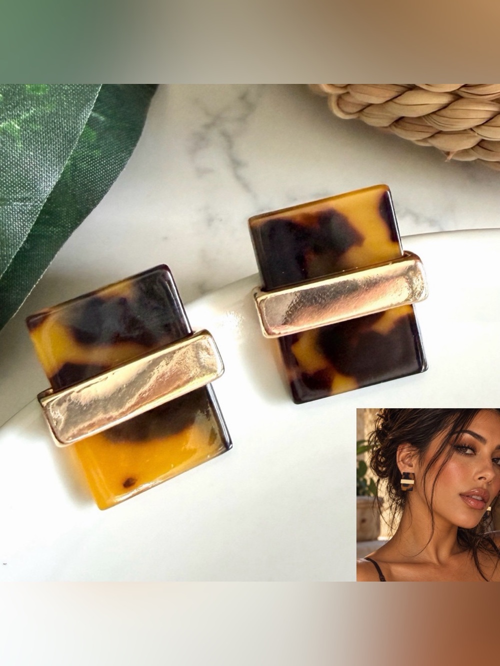 2/$30🌵 Vintage Tortoise Shell Earrings Gold Tone Geometric Square Studs NEW